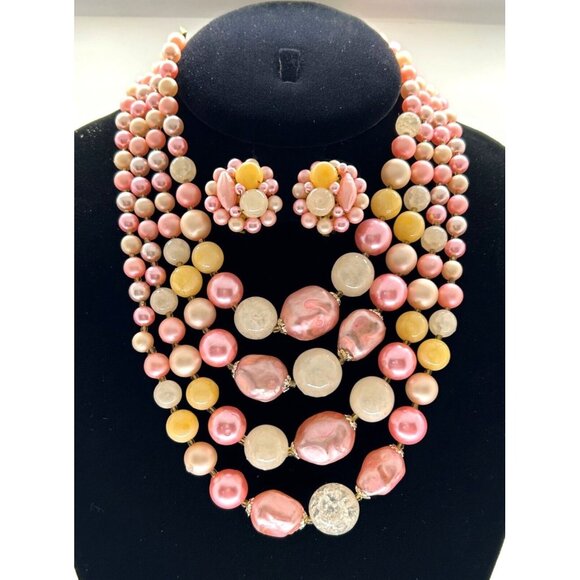 Estate Jewelry - Japan Faux Pearls Necklace Earrings Pink Acrylic 4 Strands Clip-On Statement